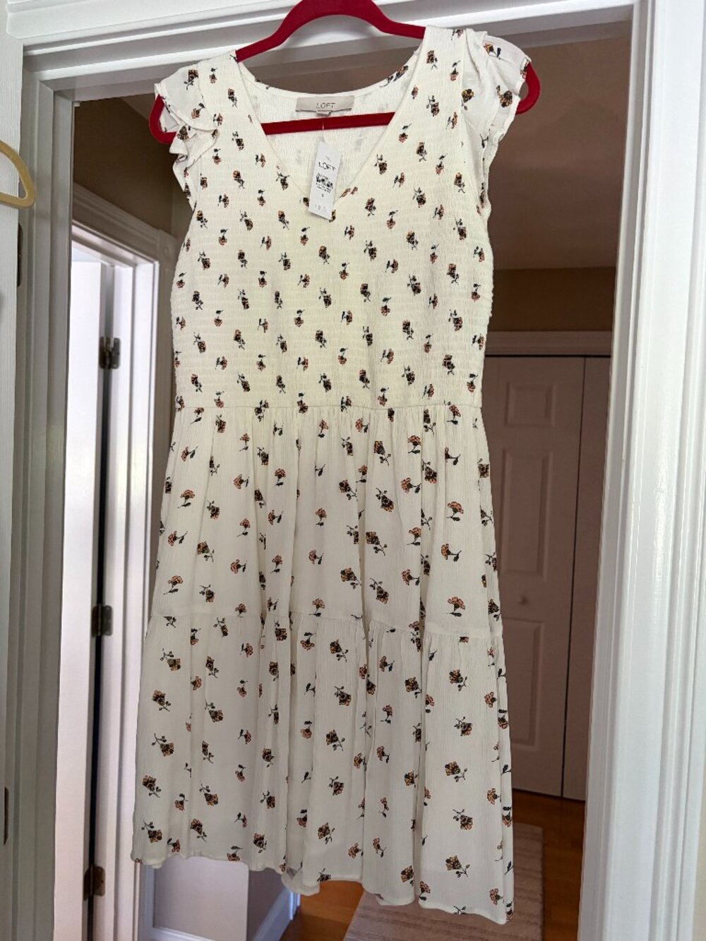 Loft Womens Smocking Dress, cream print size small